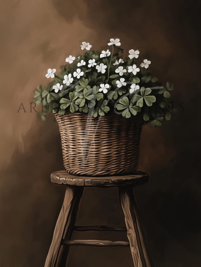 Moody Cottage Shamrock Basket Print, PRINTABLE St. Patrick's Day Art, Green Irish Decor, Lucky Clover Wall Art, Country Cottage Home Decor, Little White Flowers, Muted Spring, Green and Brown, Digital Download Art, Moody Rustic Saint Patricks Art