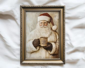 Santa Claus Drinks Coffee Print, Cottagecore Christmas, PRINTABLE Winter Wall Art, Nostalgic Holiday Prints | T240