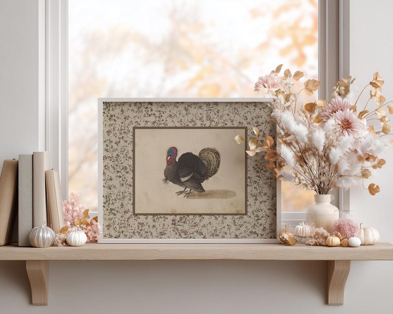 Vintage illustration of a turkey with detailed feathers, surrounded by a neutral floral border, rustic Thanksgiving wall art mailed print for farmhouse and autumn decor.