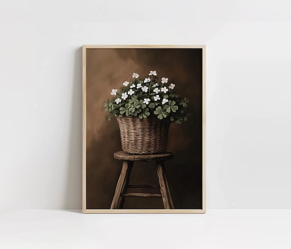 Moody Cottage Shamrock Basket Print, PRINTABLE St. Patrick's Day Art, Green Irish Decor, Lucky Clover Wall Art, Country Cottage Home Decor