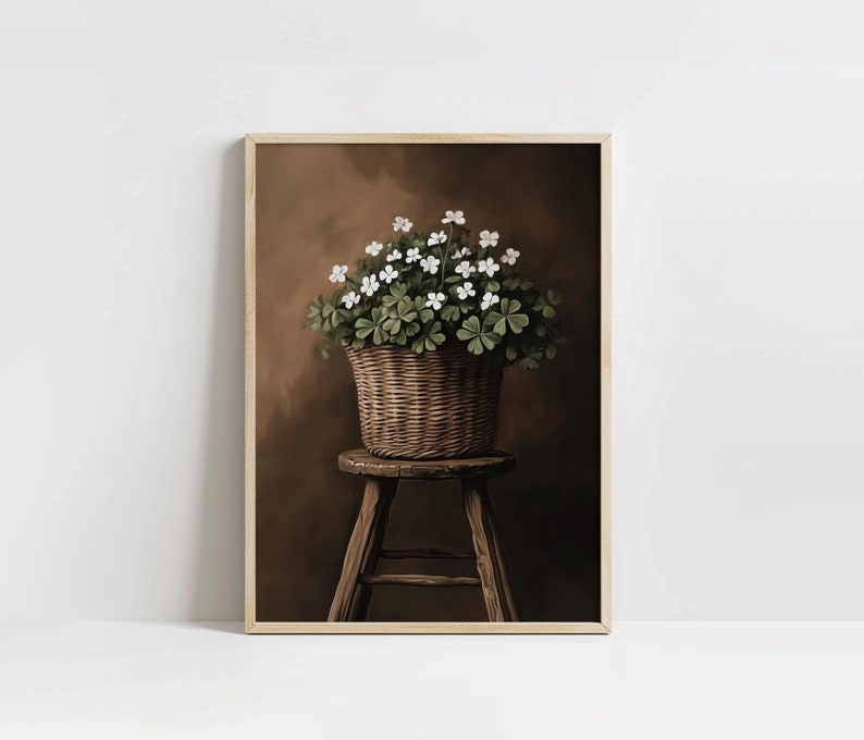 Moody Cottage Shamrock Basket Print, PRINTABLE St. Patrick's Day Art, Green Irish Decor, Lucky Clover Wall Art, Country Cottage Home Decor, Little White Flowers, Muted Spring, Green and Brown, Digital Download Art, Moody Rustic Saint Patricks Art