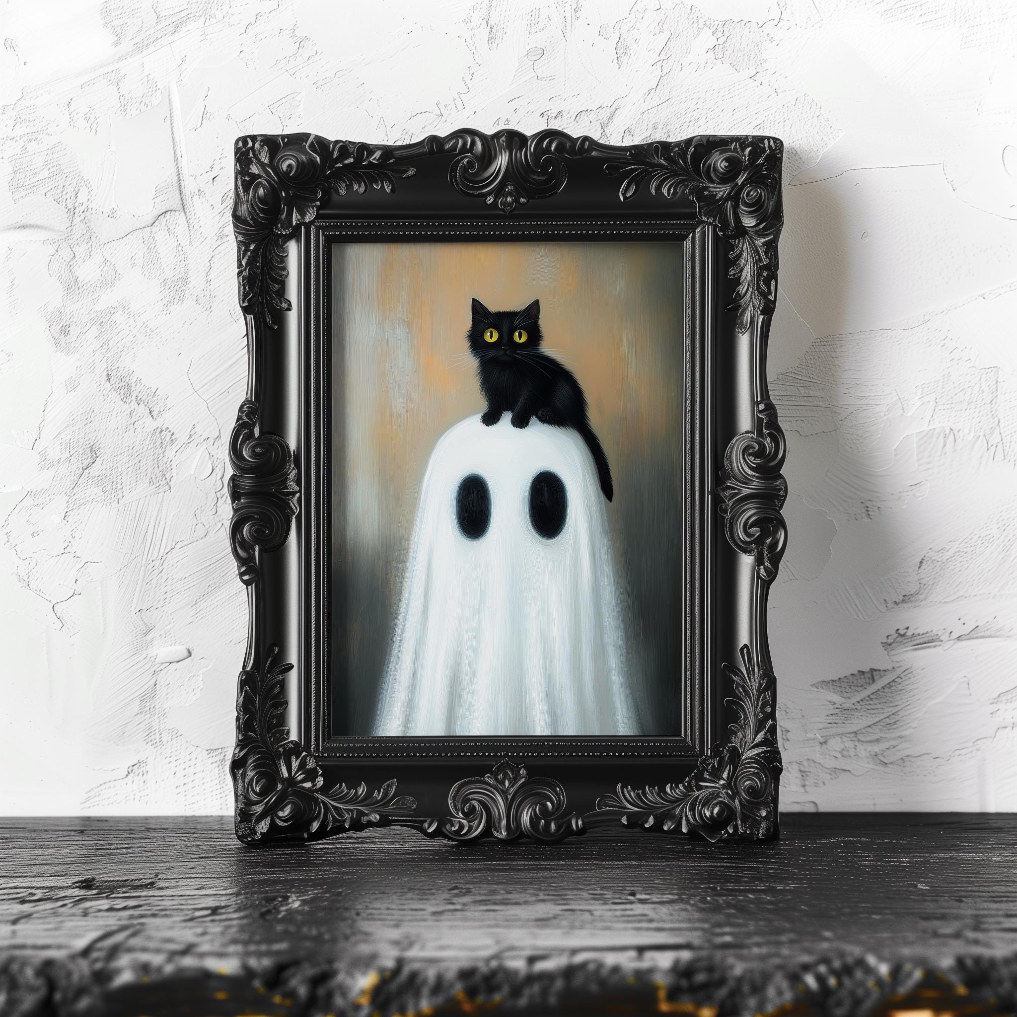 Cute Ghost and Black Cat Printable Halloween Art, Vintage Cottage Art ...