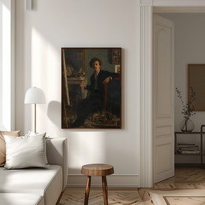 May include: A framed painting of a man sitting in a chair in a room with a fireplace and bookshelves. The man is wearing a dark suit and a white shirt. He is looking at the viewer.