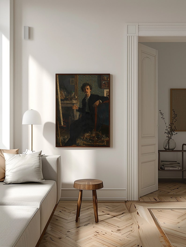 May include: A framed painting of a man sitting in a chair in a room with a fireplace and bookshelves. The man is wearing a dark suit and a white shirt. He is looking at the viewer.