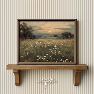 Könnte beinhalten: Ein gerahmter Landschaftsdruck zeigt ein Feld mit Wildblumen unter einem Sonnenuntergangshimmel. Das Kunstwerk hat einen goldenen Rahmen und wird auf einem Holzregal ausgestellt. Die Farbpalette des Drucks umfasst Grün-, Gelb- und Blautöne.