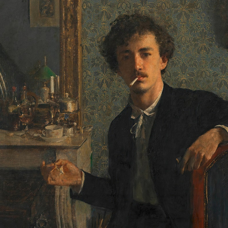 May include: A painting of a man in a dark suit and white shirt, sitting in a chair. He is holding a cigarette in his right hand and looking at the viewer. The background is a dark, patterned wallpaper.