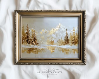 Gold Winter Mountain Landscape Wall Art, Elegant Snow Scene Printable, Modern Metallic Holiday Decor Painting 51-13