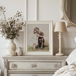 Vintage Nursery Wall Art of Little Girl Hugging Dog, Tender Child and Puppy Painting, Sweet Friendship Artwork, Neutral Baby Room Decor, Farmhouse Kids Print