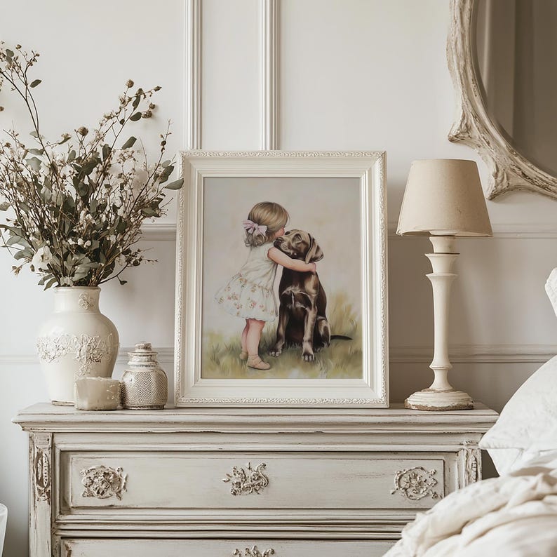 Vintage Nursery Wall Art of Little Girl Hugging Dog, Tender Child and Puppy Painting, Sweet Friendship Artwork, Neutral Baby Room Decor, Farmhouse Kids Print