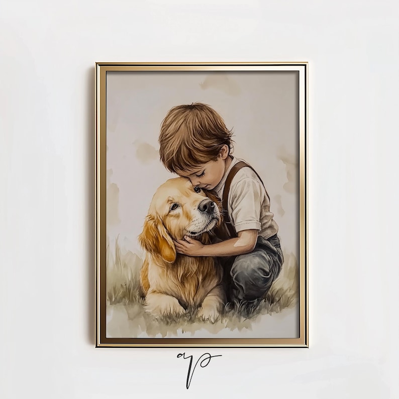 Vintage Nursery Art Print, Boy and a Dog Painting, Printable Golden Retriever Art