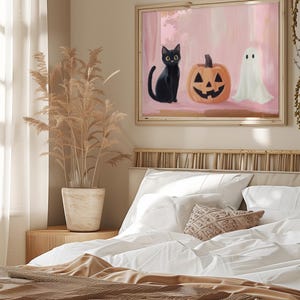 Cute Ghost and Black Cat Print, Jack-o-lantern Wall Art, Pink Girly ...