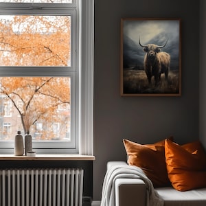 Antique Highland Cow, Printable Dark Aesthetic Art