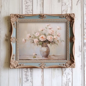 Vintage Blumenbild, pinke Rosen, romantisch, Ölbild, Shabby Chic Kunstdruck, Frühling, Valentinstag