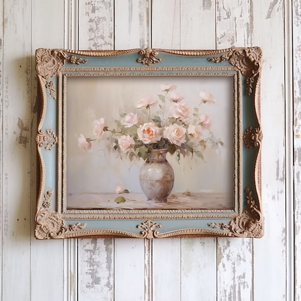 Vintage Floral Art, Pink Roses, Romantic, Oil Painting, Spring Home Decor, Shabby Chic Art Print, Valentine's Day