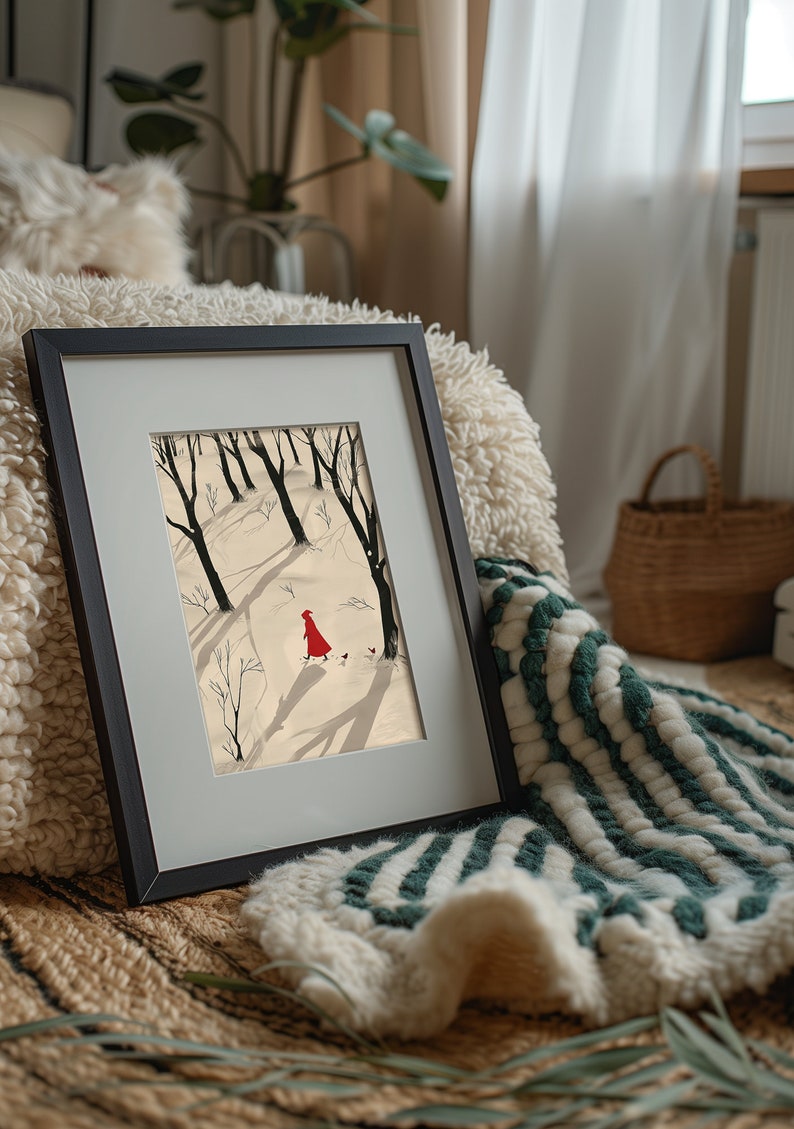 Red Riding Hood Winter Art Print, Rustic Snowy Forest, Instant Download