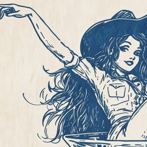 May include: A line drawing of a woman wearing a blue cowboy hat and a denim shirt. She is sitting on a surfboard with her arm outstretched.
