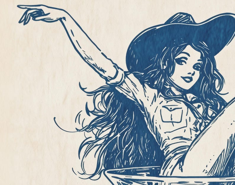 May include: A line drawing of a woman wearing a blue cowboy hat and a denim shirt. She is sitting on a surfboard with her arm outstretched.