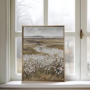 Neutral spring wildflower meadow wall art featuring white floral field landscape in soft beige and cream tones, minimalist nature printable decor