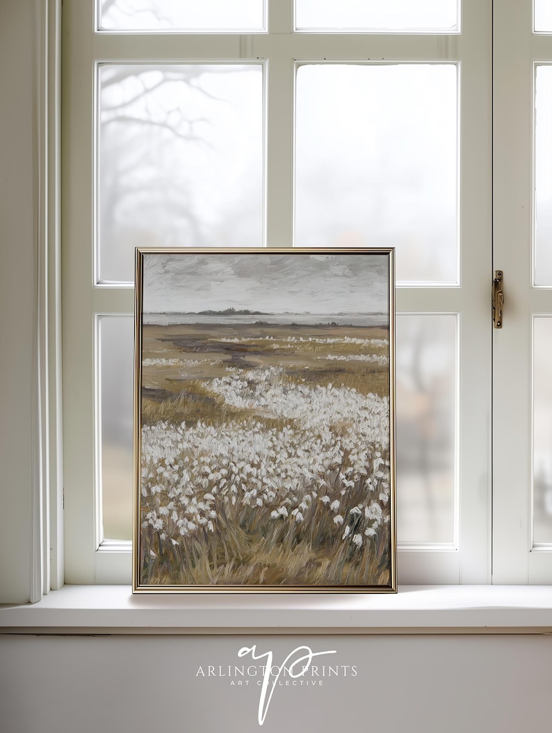 Neutral spring wildflower meadow wall art featuring white floral field landscape in soft beige and cream tones, minimalist nature printable decor