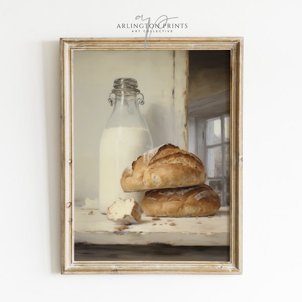 Country Kitchen Still Life Painting | PRINTABLE Country Kitchen Art | Vintage Milk Bottle And Bread | Digital Download