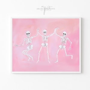 Three Skeletons Dancing Wall Art, PRINTABLE Pink Halloween Painting, Spooky Cute Girly Fall Art, Pastel Girl&#39;s Room, Haunted House S37