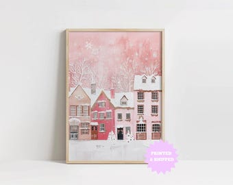 Pink Winter Village Wall Art, Pastel Winter Painting, PRINTED AND SHIPPED, Christmas Decor, Seasonal Holiday Decor, Cute Girly Christmas