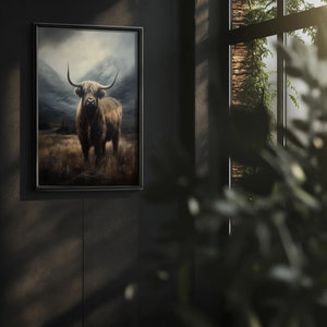 Antique Highland Cow, Printable Dark Aesthetic Art