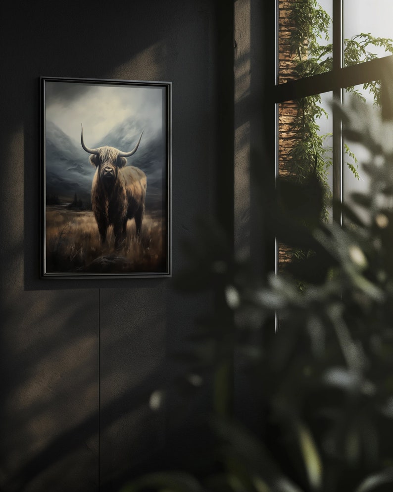 Antique Highland Cow, Printable Dark Aesthetic Art