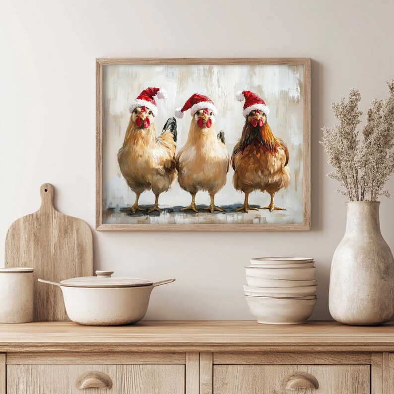 Whimsical Christmas chicken wall art print featuring three chickens in Santa hats, festive farmhouse holiday nursery decor, rustic and playful seasonal artwork