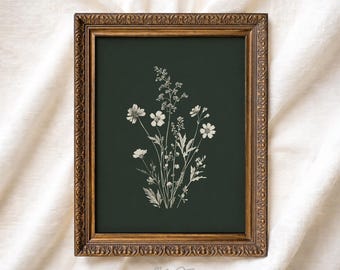 Dark Green Botanical Wall Art, White Wildflower Print, Moody Nature Decor, Vintage Floral Printable 78-15