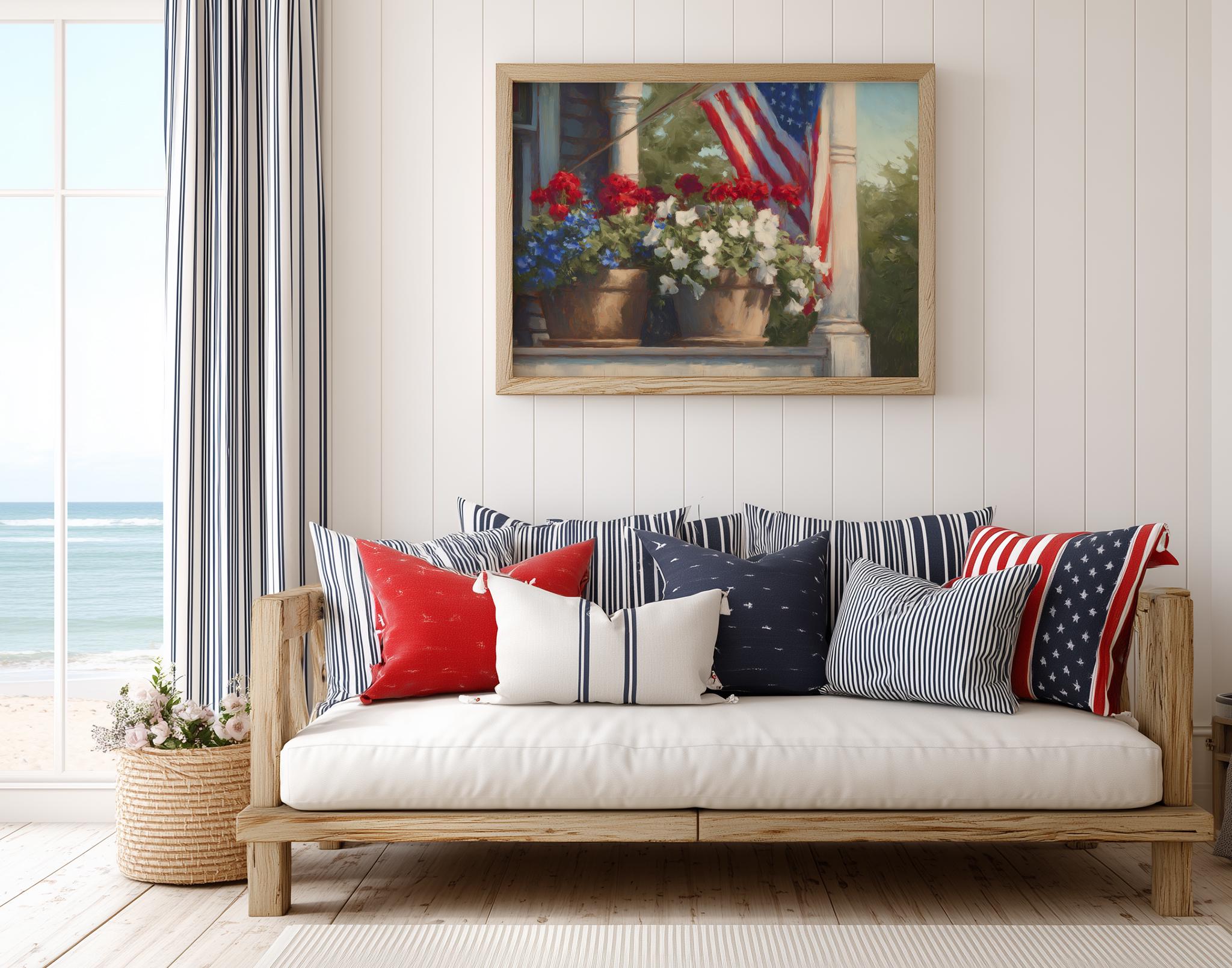 Americana Porch Art Print, Flag and Flowers Printable, Vintage Summer