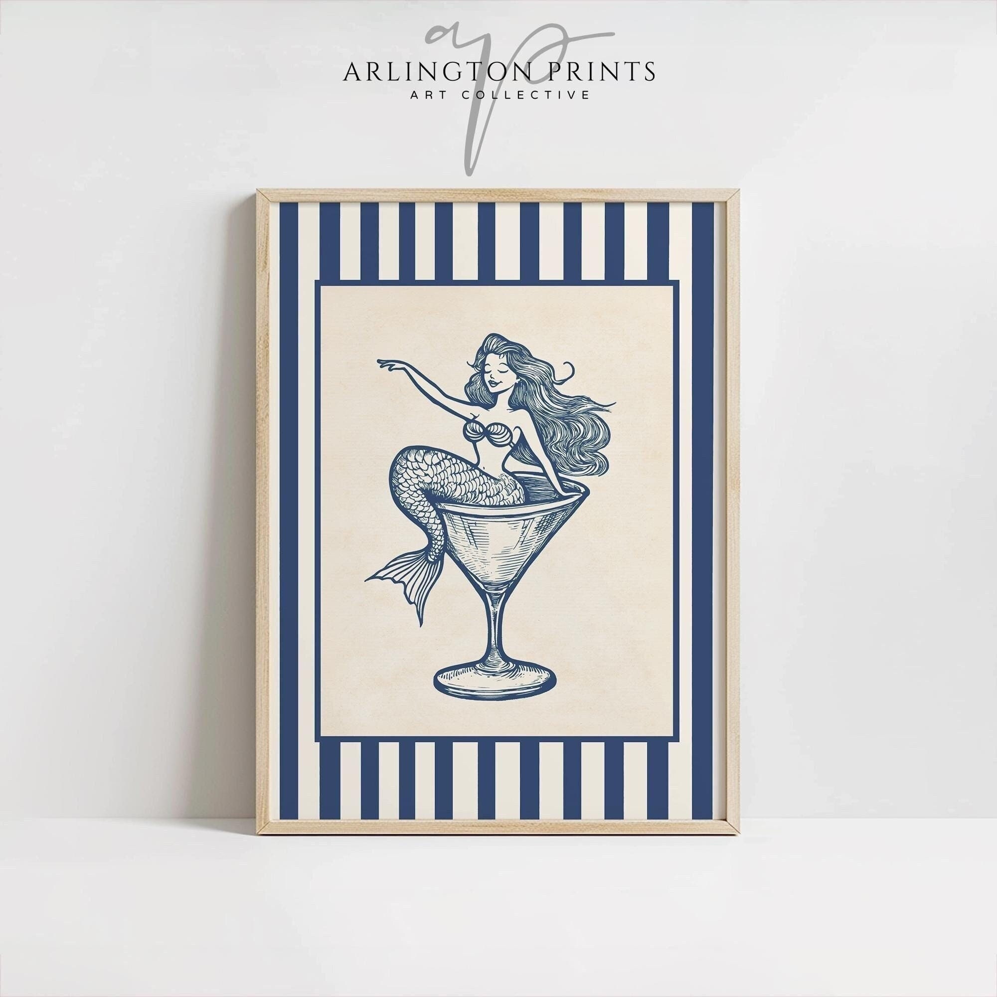 Retro Küsten Meerjungfrau Kunst, DRUCKBARE Cocktailglas Wandkunst, Girly Bar Warenkorb Druck, Vintage Blaue Streifen Poster, Niedlicher Beachy Schlafsaal-Druck