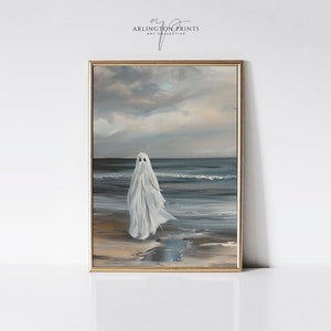 Duch na plaży Wall Art, Wydrukowana dekoracja na Halloween, Neutralny obraz olejny nadmorski, Straszny obraz ducha A23