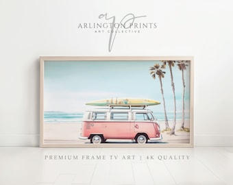 Samsung Frame TV Art | Summer Beach Art | Pink Volkswagen Beach Digital Download | Southern California | Beach Vibes Frame TV