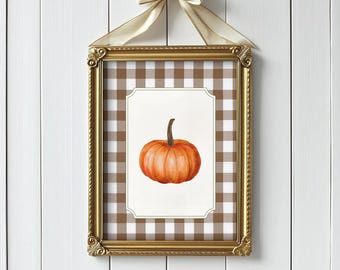 Arte mural de cuadros vichy de calabaza, lámina otoñal de cuadros marrones para cocina, decoración otoñal de granja imprimible, lámina de cosecha cottagecore DC-52