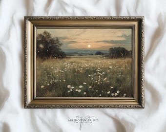 Goldene Wiese Sonnenuntergang druckbare, Vintage Wildblumen Landschaft Kunst, neutrale Wand-Dekor 62-4
