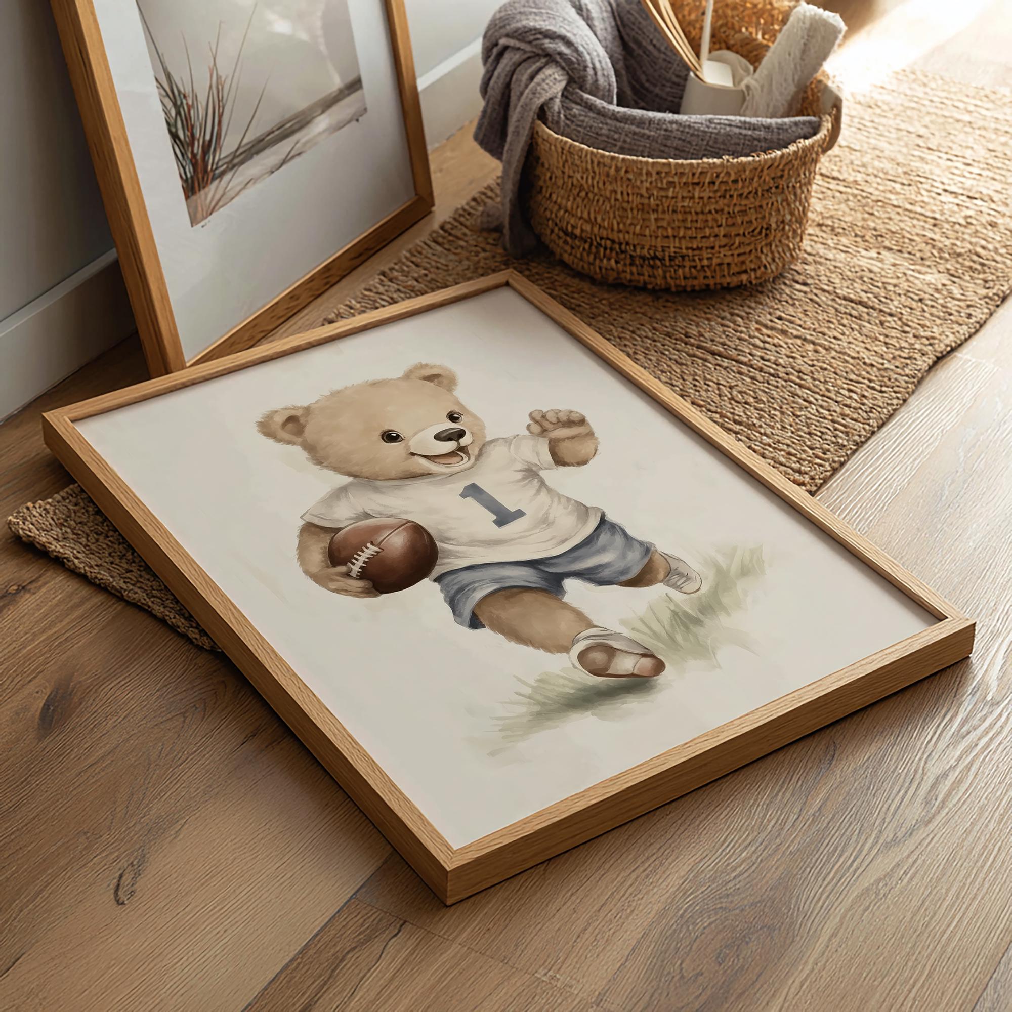 Football Bear Nursery Wall Art, Boys Sports Room Decor, Neutral