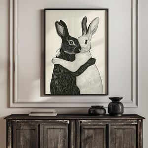 Rabbit Art Print, Rustic Cottage Aesthetic, Bunnies, Farmhouse Nursery, Instant Download, Poster Print, Rabbit Artwork, Folk Art Printable, Hygge Art, Scandinavian Minimalist, Black and White, Monochrome, Modern Art, Friendship, Vintage Illustration