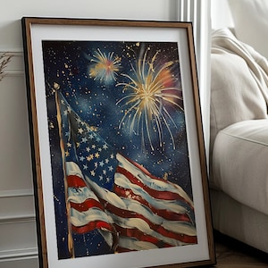 4th of July Vintage Wall Art, Printable American Flag and Fireworks Print