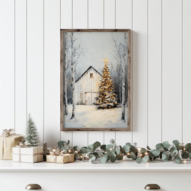 Vintage Rustic Christmas Barn Wall Art, PRINTABLE White Winter ...