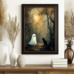 Cute Ghost Printable Halloween Art, Ghost and Black Cat, Vintage ...