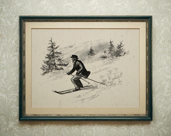 Vintage Skiing Print, Antique Winter Sports Wall Art, Black and White Ski Sketch, Rustic Ski Lodge Decor 32-12