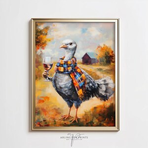 感謝祭の七面鳥の壁アート、ワインを飲む面白い秋の七面鳥、印刷可能な気まぐれなホリデーデコレーション、季節の農家の装飾、キッチンの壁アート