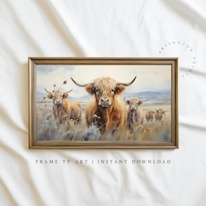 Highland Cows Frame TV Art, Spring Wildflowers TV Oil Painting, Instant Download