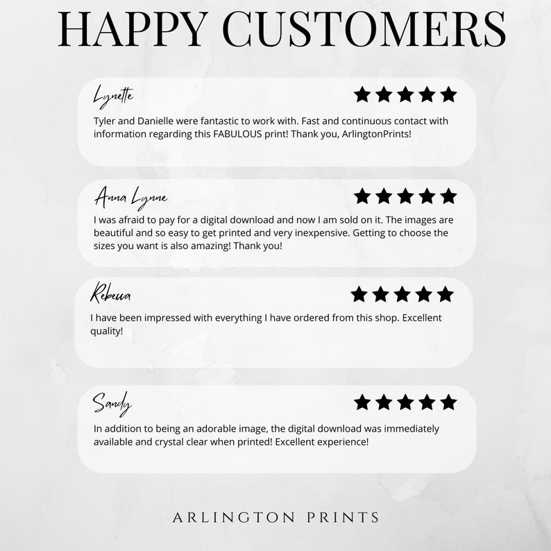 May include: A white background features customer reviews with star ratings. The text "HAPPY CUSTOMERS" is at the top. Reviews from Lynette, Anna Lynne, Rebeua, and Sandy are displayed, praising the shop's prints and service. The shop's name, ARLINGTON PRINTS, is at the bottom.