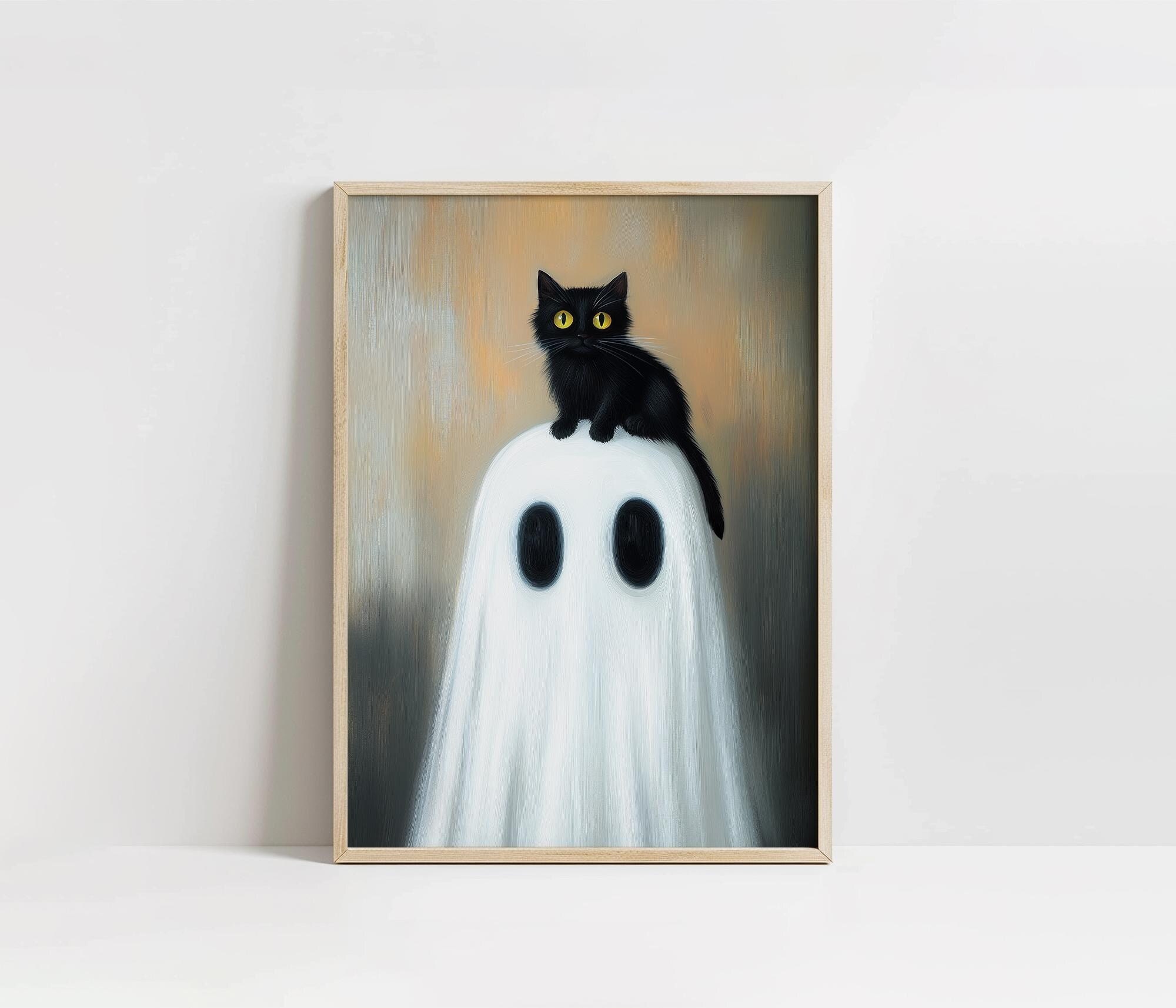 Cute Ghost and Black Cat Printable Halloween Art, Vintage Cottage Art ...