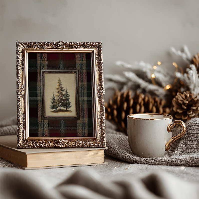 Vintage pine tree painting surrounded by a red, green, and gold tartan plaid border, rustic Christmas wall art for lodge or farmhouse holiday decor.