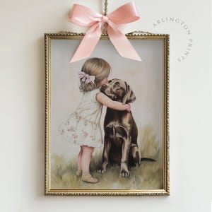 Vintage Nursery Wall Art of Little Girl Hugging Dog, Tender Child and Puppy Painting, Sweet Friendship Artwork, Neutral Baby Room Decor, Farmhouse Kids Print