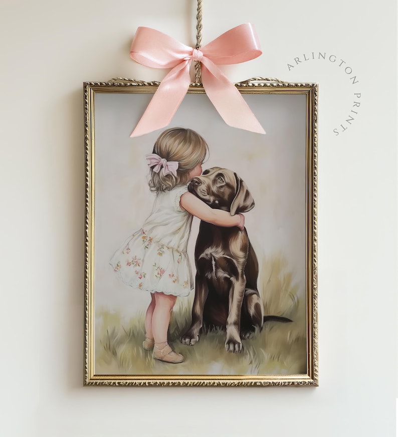 Vintage Nursery Wall Art of Little Girl Hugging Dog, Tender Child and Puppy Painting, Sweet Friendship Artwork, Neutral Baby Room Decor, Farmhouse Kids Print
