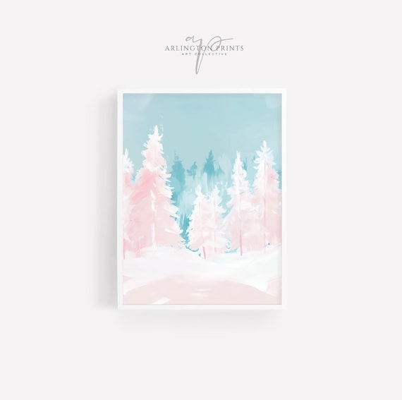 Pink Blue Pastel Winter Forest Print, Snowy Trees Painting